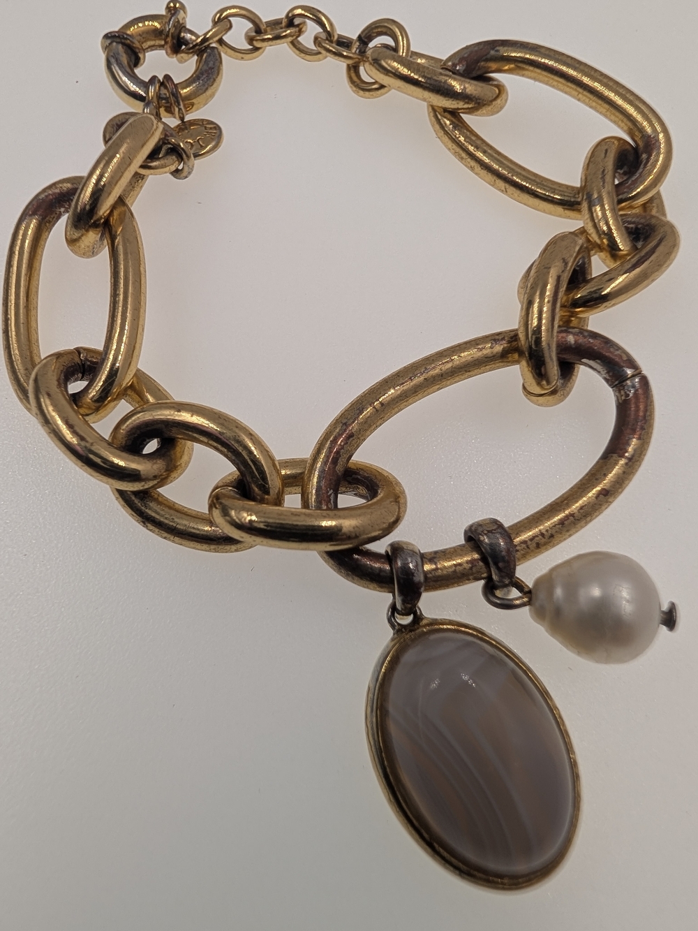 J. Crew Gold-Tone Link Bracelet with Agate Oval and Pearl Charm 0232